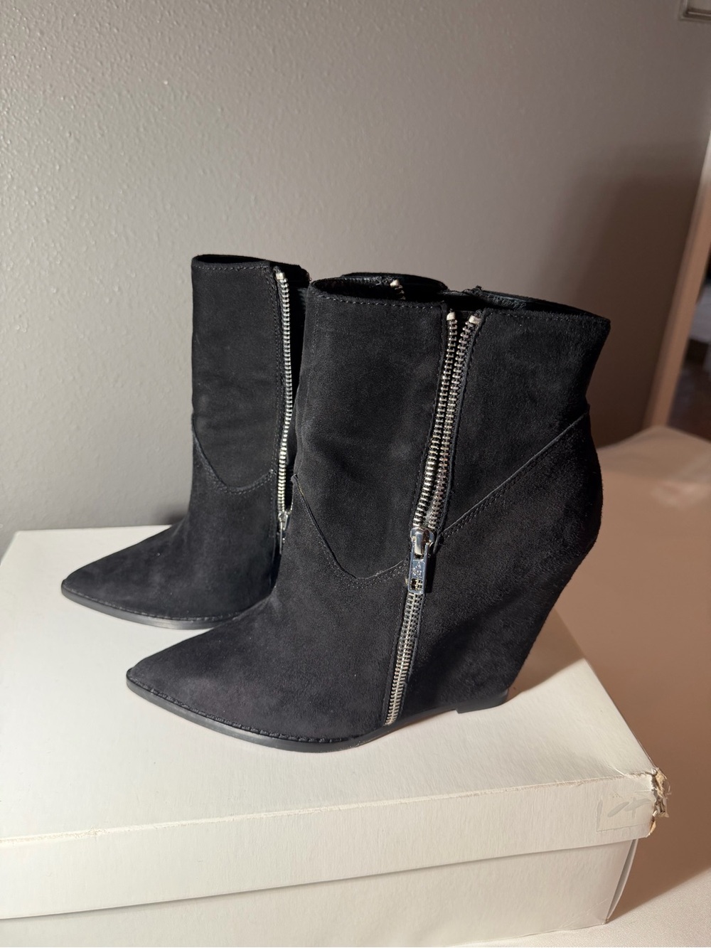 Ash Black Suede Pointed-Toe Wedge Ankle Boots with Silver Zipper